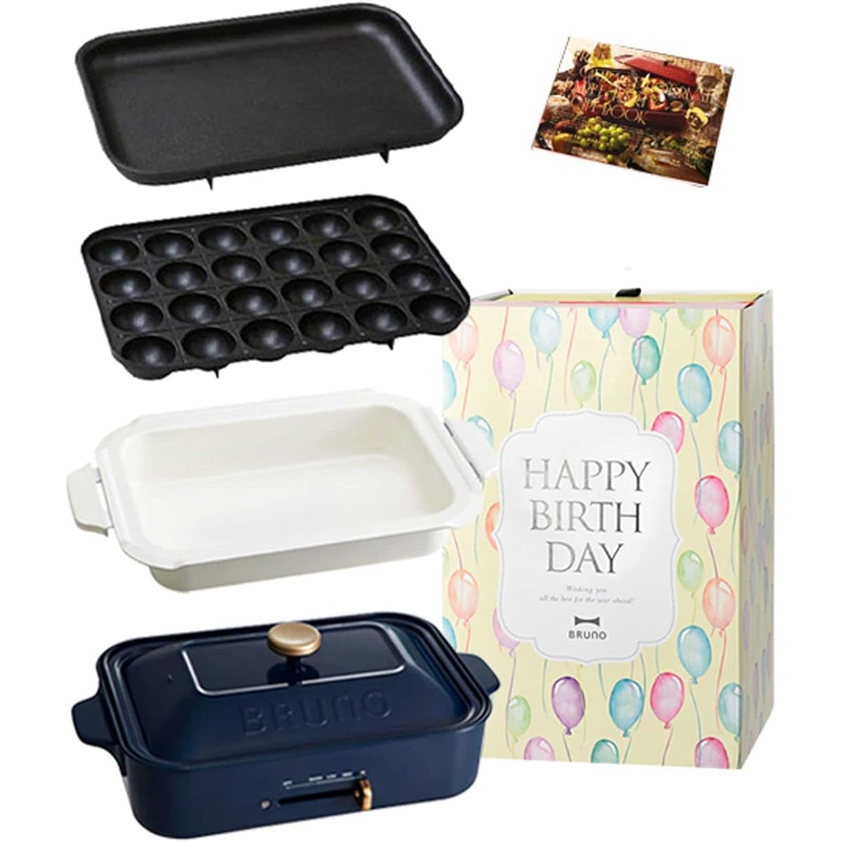 BRUNO《Recipe Book Included》《Birthday Celebration》BRUNO Compact Hot Plate Main Unit 3 Types of Plates (Takoyaki Ceramic Coated Pot Flat) Navy Stylish Cute This 1 Unit Lid Includes Lid 1200w Temperature Adjustment Easy to Wash For 1, 2, 3 People, Small App