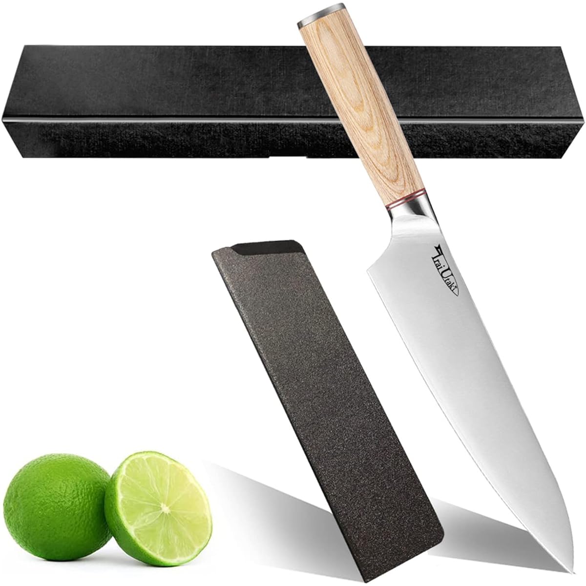 Irai Utaki Kitchen Knife, Gyuto Knife, Blade Length 205mm, Chef Knife, Thin Blade Knife, 5Cr15 Stainless Steel, Hocho, Comes with a Base, Suitable for Fish, Meat, and Vegetables, Aya Wooden Handle, Double Edged Kitchen Knife, Gift Wrapping (Wood Handle G