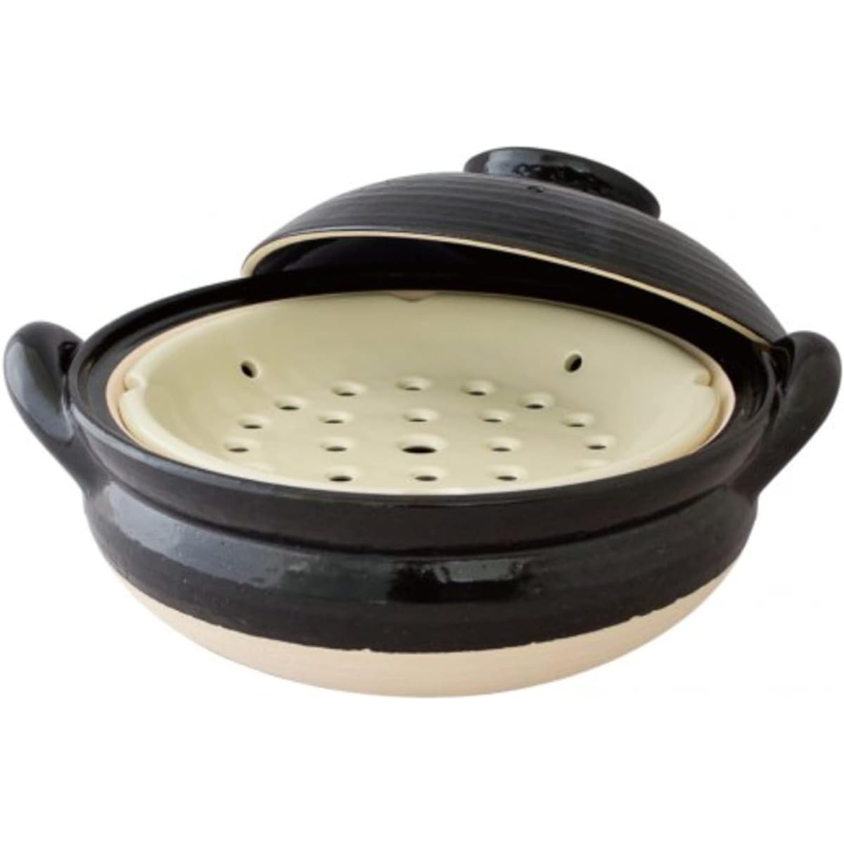 Hase Seito Earthen Pot Healthy Steaming Pot Black Medium For 2 to 4 People (Earthen Pot Pottery Slatted Tongs Recipe Set) AZW-22 / Made in Japan Igayaki Pot Steamer Steamer Steamer for Open Fire Only/Gift Present Birthday Wedding Gift Moving Gift Housewa