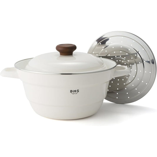 Fuji Enamel, Boiling, Simmering, Steaming, Deep-frying, Multi-functional, Two-handed pot, 27cm, Comes with drainboard, IH compatible, White BMP-27FW/W