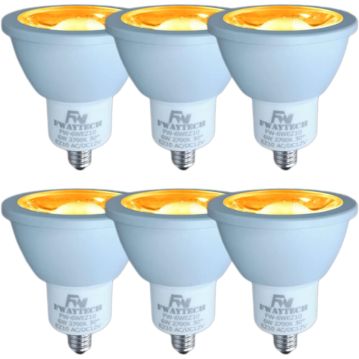 FWAYTECH LED halogen bulb ez10 base jr12v50w COB6W LED spotlight 12V dichroic halogen lamp 50W to 60W equivalent, compatible with sealed fixtures (6W EZ10 base 30 degrees (6 pieces), light bulb color equivalent (2700K))