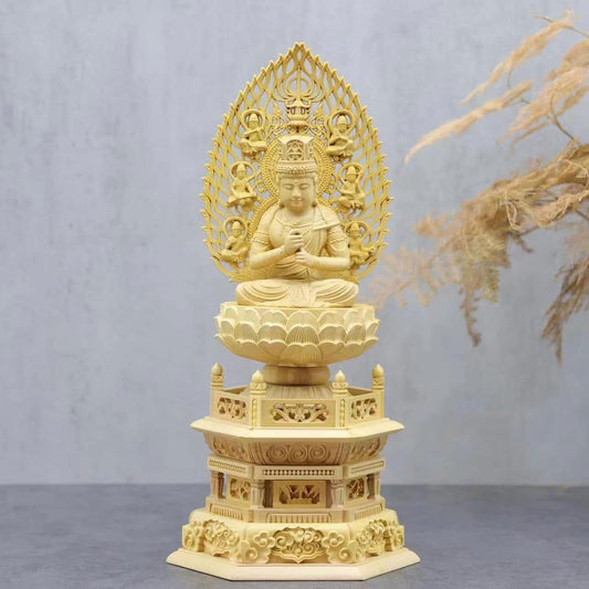 Wood carved Buddha statue Dainichi Nyorai (Shingon Buddhism) made by Tsuge, hexagonal pedestal, flame halo (height 21.5 cm x width 10 cm) ◆Principal Buddha statue for Buddhist altar, wood carving