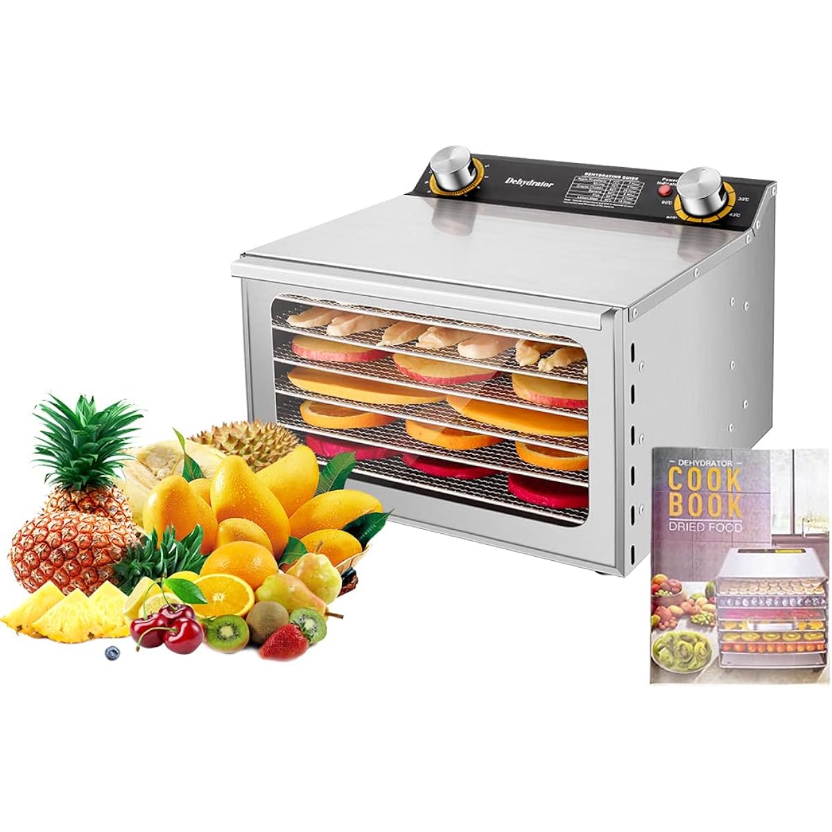 Stainless Steel Food Dryer, 6 Layer Large Capacity, Food Dryer, Food Dryer, Vegetable Dryer, Electric Food Dehydrator (Timer, 30 - 90 °C Temperature Setting, 0 - 12 Hours Freely Adjustable, 360° Hot