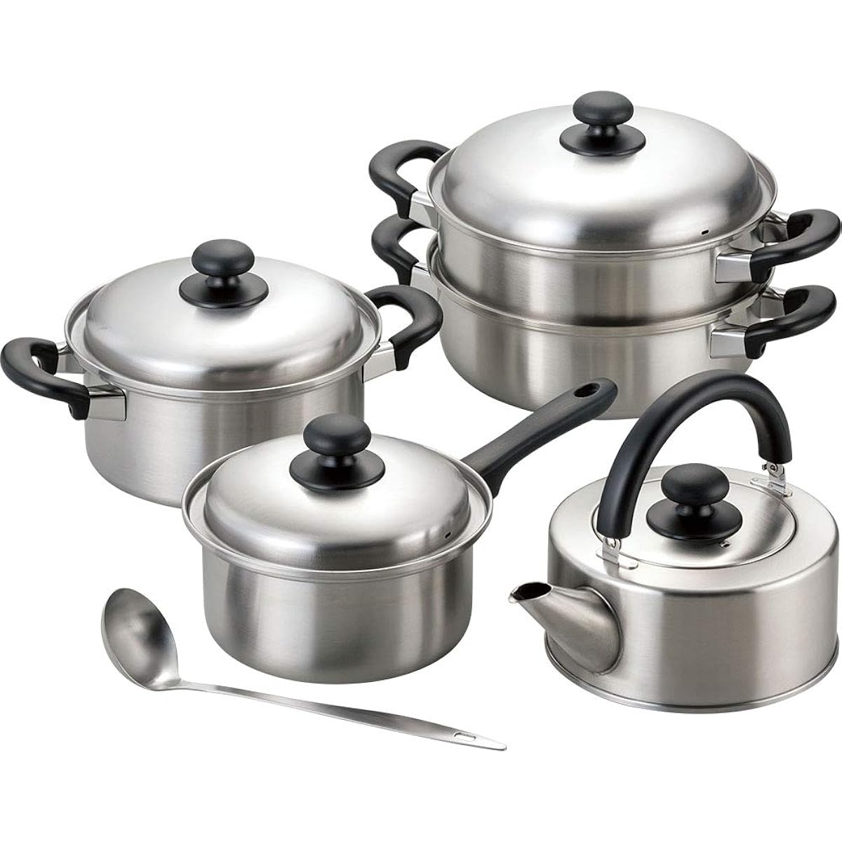 Wahei Phrases Tsubame Sanjo Special tools created by craftsmen Kitchen set B One-handed pot 18cm Two-handed pot 20cm Two-tier steamer 24cm Kettle 2.5L Ladle TY-085 Takumiya