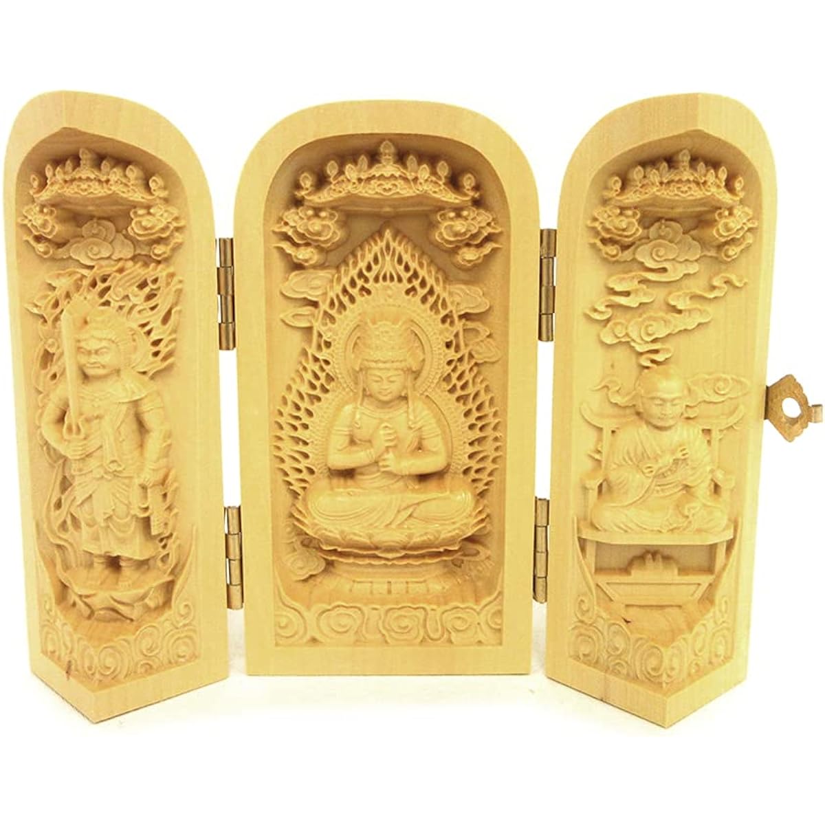 Kurita's special Buddha statue [Three-open Buddha] (cylindrical shape) Shingon Sanzon (height 10cm, diameter 4cm, opening width 13cm) High-quality wood carving made of water boxwood 18314