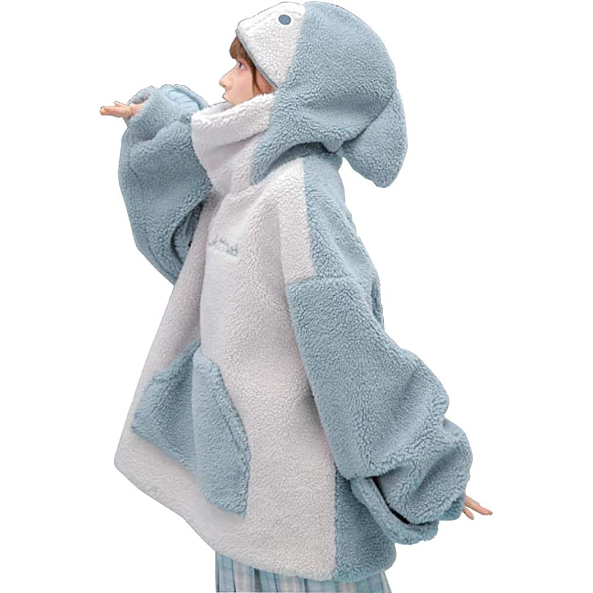 [Minesam] Women's Shark Hoodie, Hooded, Shark Pattern, Boa Sweatshirt, Fluffy, Fleece Lined, Pullover Top, Matching Look, Loungewear, Loose