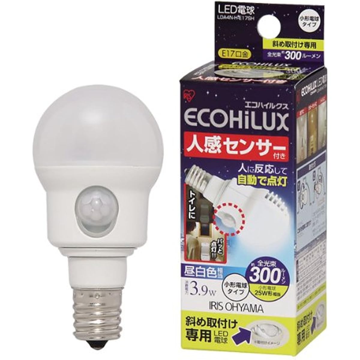 IRIS Ohyama LED Light Bulb with Motion Sensor, Small Bulb Type, 3.9W (Total Luminous Flux: 300 lm/Equivalent to Daylight White) [For Diagonal Installation Only] IRIS LDA4N-H-E17SH Base Diameter 17mm