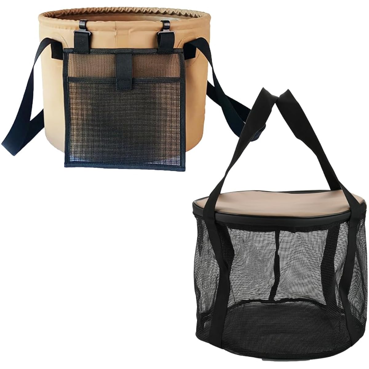 Folding bucket, 2-layer structure, with pocket, mesh material, breathable, large capacity, freestanding, gardening, fishing, disaster prevention, with lid