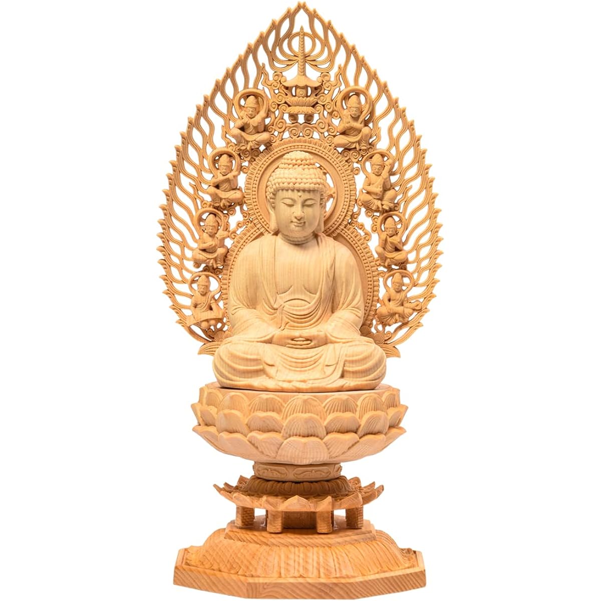 TheChanger Hanro Art Sculpture Buddha Statue Shaka Nyorai Soto Zen Rinzai Buddhist Altar Buddha Statue Wood Carving Cypress Wood Pray Warm Off Hiten Halo Octagonal Base (Height 28 cm x Width 12 cm x Depth 12 cm)