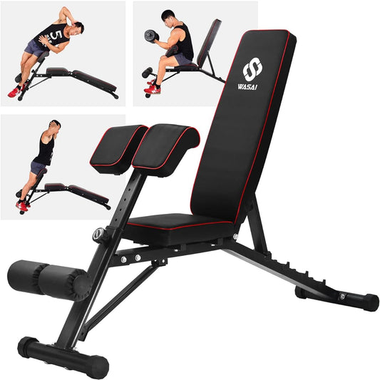 WASAI Training Bench Back Extension Bench (Arm Curl/Angle Adjustable) [Incline/Flat/Sit Up] Home Muscle Training Multi-Training Bench Home Gym