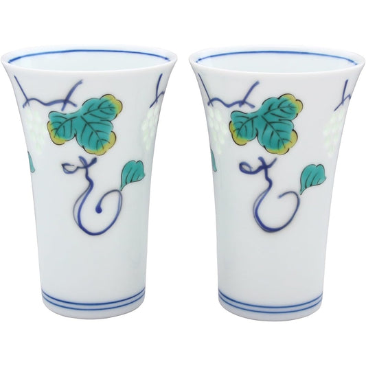 Saisei Pottery Beer Glass Mug White 170ml Hasami Ware Crystal Engraved Beer Cup Pair Grape Painting