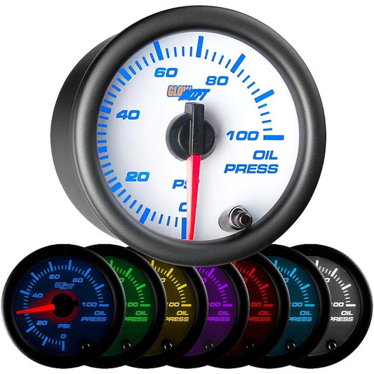 GLOWSHIFT White 7 Color 100 PSI Hydraulic Gauge Kit With Electronic Sensor White Dial Clear Lens Car & Truck 2-1/16 inch 52mm