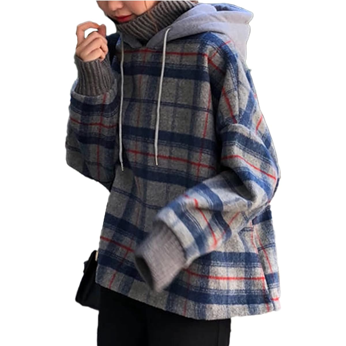 [Monoa] Parka, Plaid Pattern, Brushed Lining, Knit Collar, Layered Style Sweatshirt, Hooded Pullover, Women's Fashion
