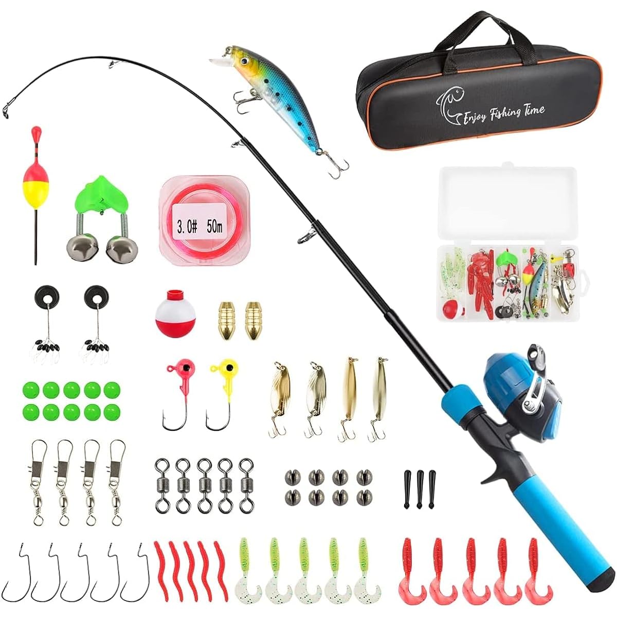 Cadigan Kids Fishing Set, Fishing Rod, 1.5m Telescopic Fishing Rod, Spinning Reel, Bait, Fishing Line, Storage Bag Included, Beginner's Set for Kids, Japanese Instruction Manual