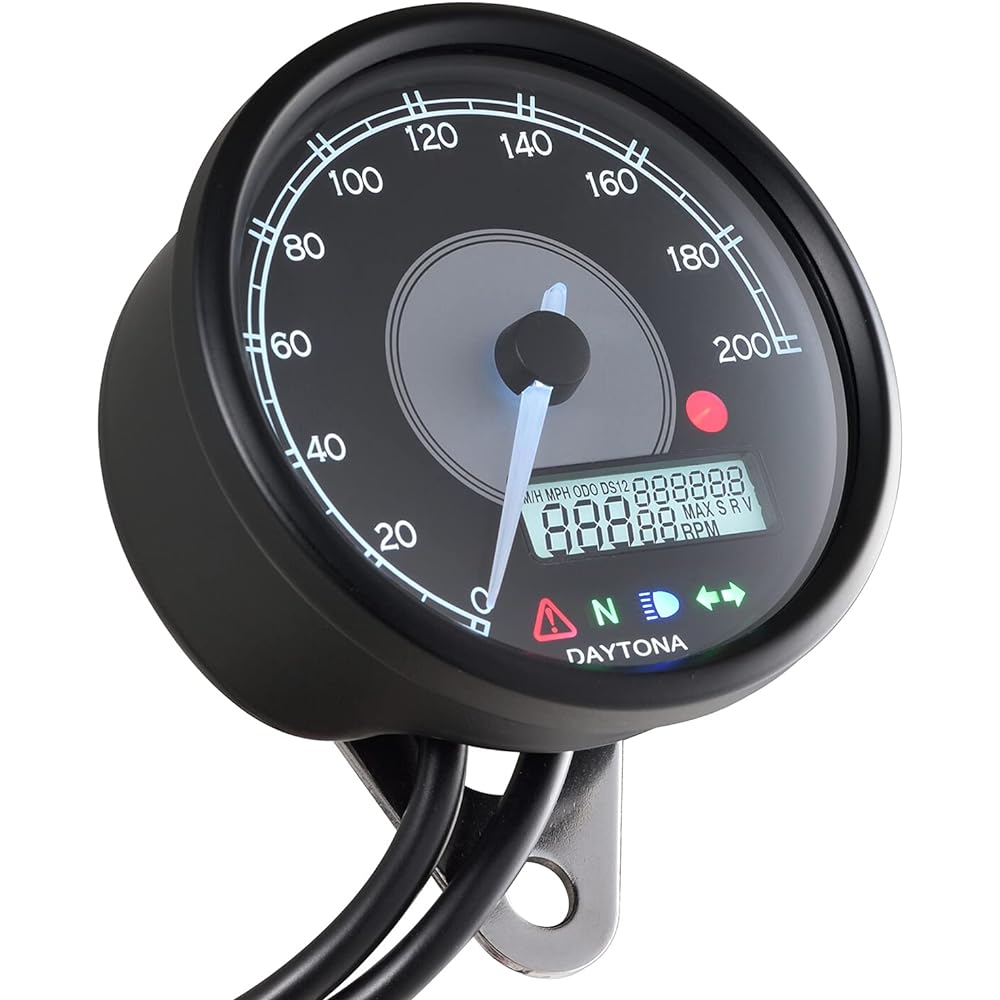 Daytona VELONA Motorcycle Electric Speedometer with LCD Tachometer Black Body/White LED φ80 200km/h Display 21984