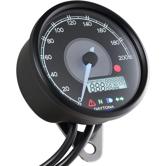 Daytona VELONA Motorcycle Electric Speedometer with LCD Tachometer Black Body/White LED φ80 200km/h Display 21984
