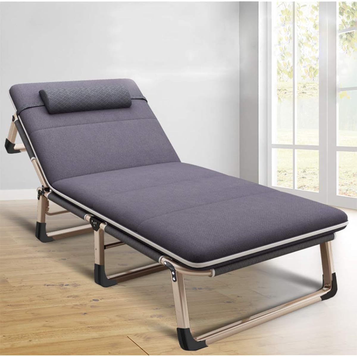 Hiker Folding Bed, Simple Camping Bed, Leisure Bed, Outdoor Chair, Easy to Assemble, 4 Level Adjustment, For Indoor and Outdoor Use, For Napping/Overtime/Disaster Prevention, Includes Pillow, Load Capacity 200kg (Gray + Sponge Pad)