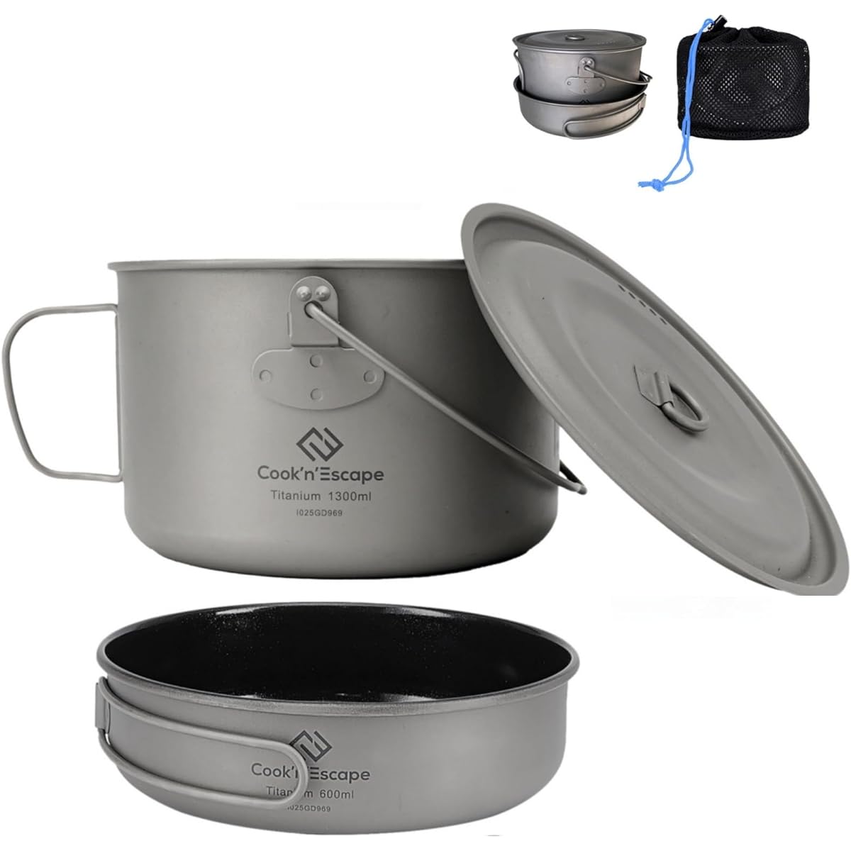 COOK'N'ESCAPE Camping Cooker Titanium Hanging Pot Solo/2 People 1950ml 1300ml 1100ml Large Capacity Camping Equipment Outdoor Tableware Storage Bag Included (1300ml+600ml)