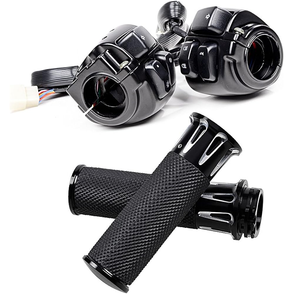 Left Right CNC 1" Handlebar Hand Grip + Switch Control Compatible with 96-12 Harley-Davidson (CNC Black)