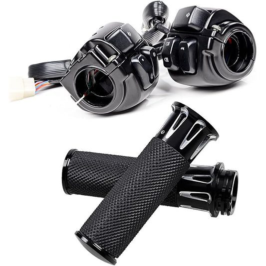 Left Right CNC 1" Handlebar Hand Grip + Switch Control Compatible with 96-12 Harley-Davidson (CNC Black)