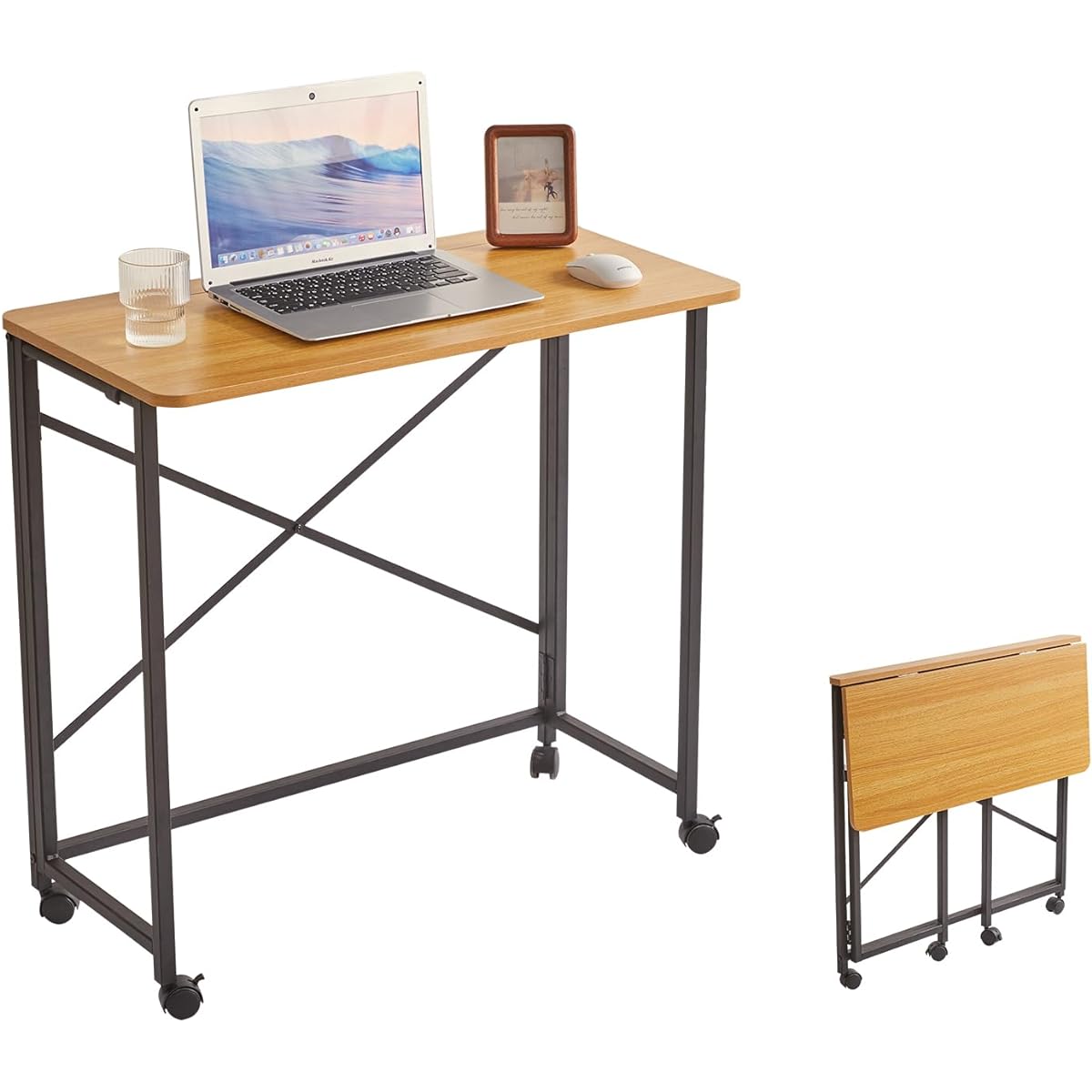 Aibiju Folding Desk, Width 80 x Depth 40 x Height 75/77cm, with adjuster, with casters, PC desk, work desk, wood color/black YD-TM002N