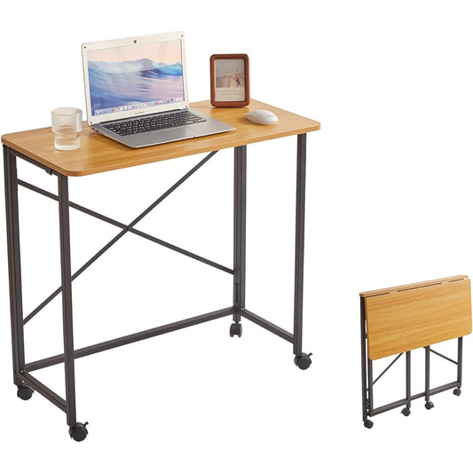 Aibiju Folding Desk, Width 80 x Depth 40 x Height 75/77cm, with adjuster, with casters, PC desk, work desk, wood color/black YD-TM002N