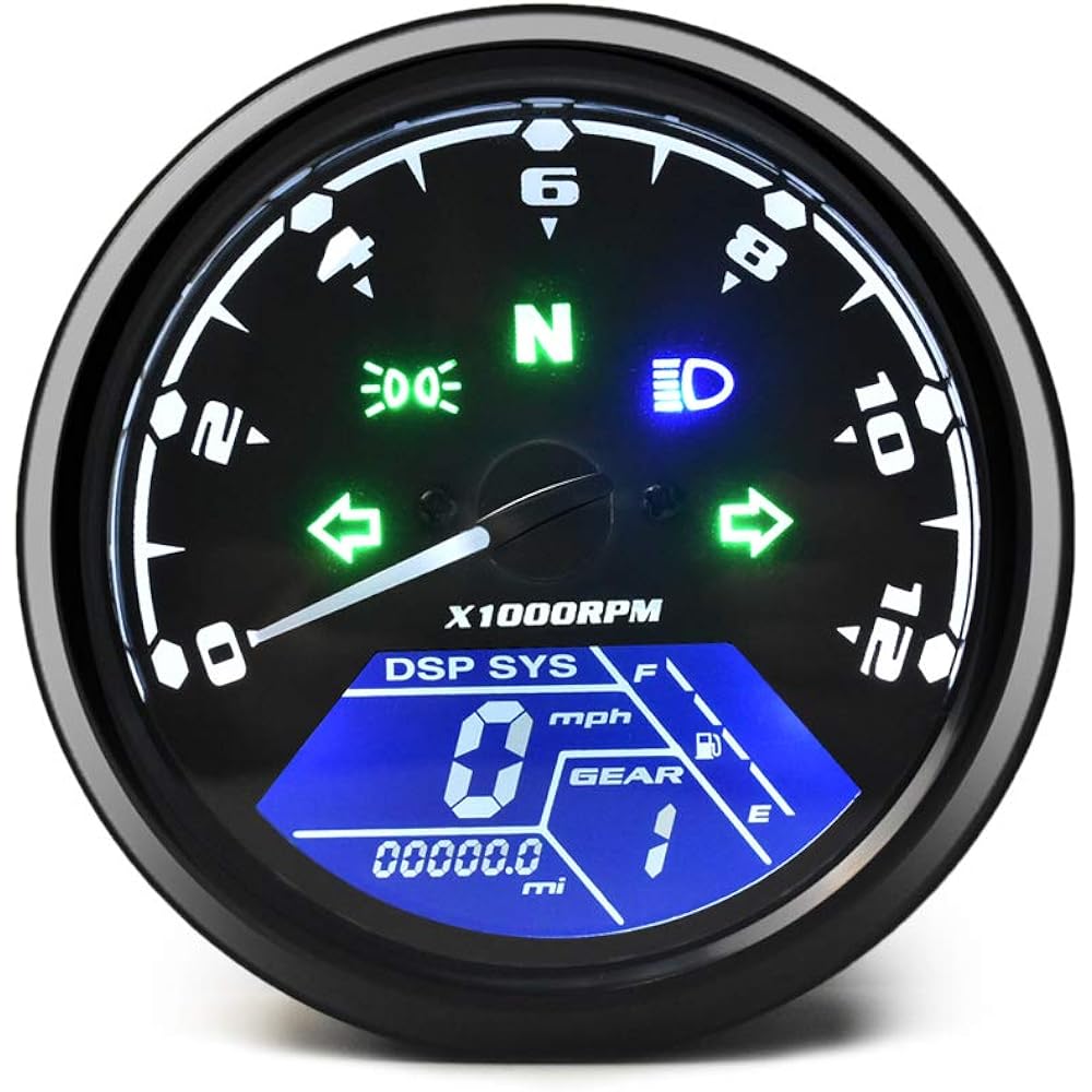DKMOTORK 0011 Digital Gauge Motorcycle Speedometer/Tachometer/Odometer MPH KM/H Universal Multifunction Indicator Light Display Black
