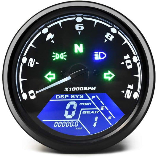 DKMOTORK 0011 Digital Gauge Motorcycle Speedometer/Tachometer/Odometer MPH KM/H Universal Multifunction Indicator Light Display Black