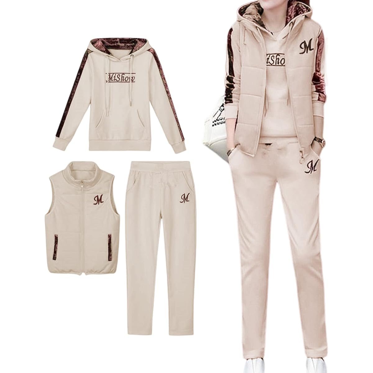 [BLANK BLANC] 3-Piece Jersey Setup Warm Women's Fleece Lined Sweatshirt Vest Pants Autumn Winter Spring S-L B32