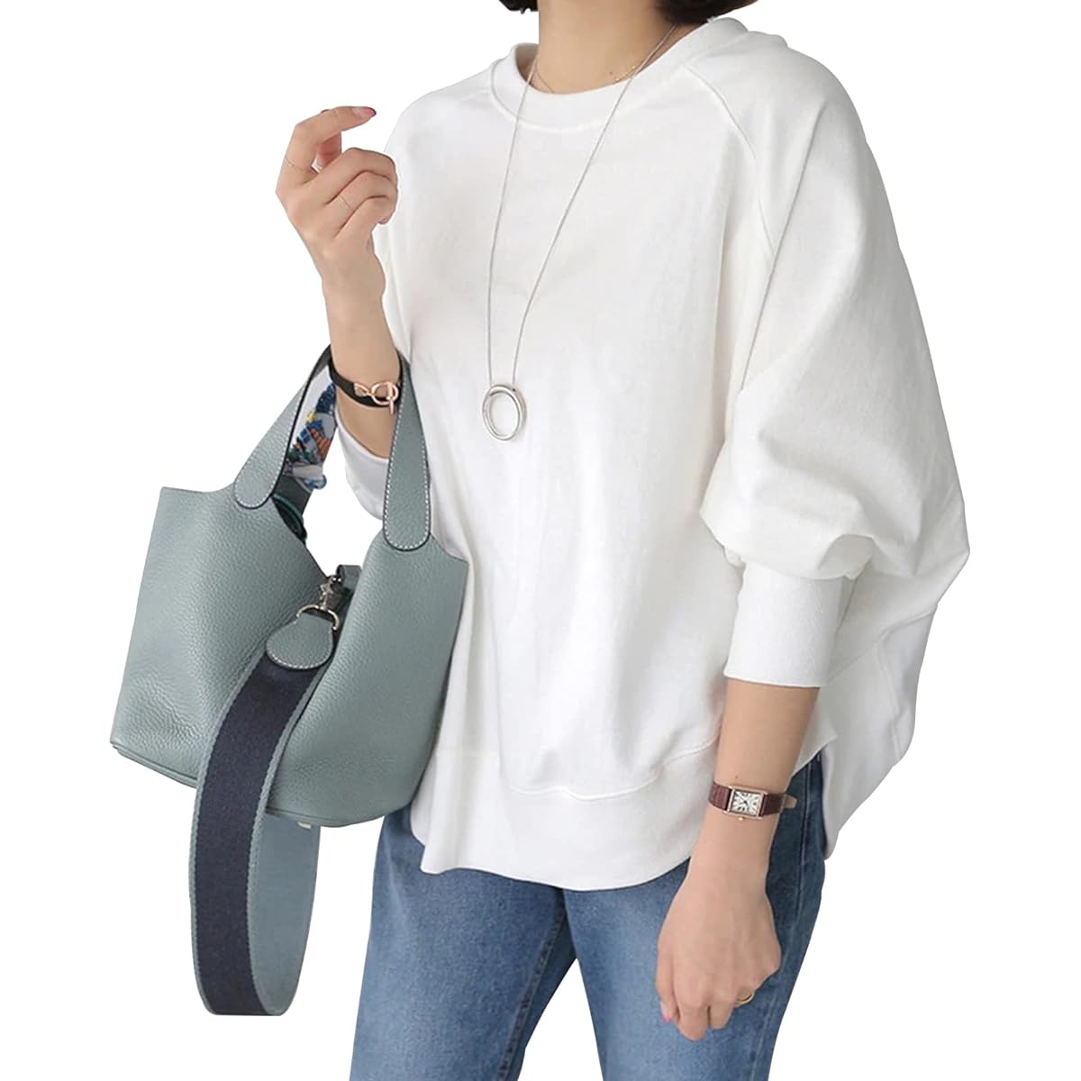 [DayaEmmoTQ] Women's Sweatshirt, Cotton, Dolman Sleeve, Pullover, Crew Neck, Long Sleeve, Plain Top, Casual, Loose, Cut and Sew, Stylish, Large Size, Body Coverage, Room Wear, Commuting, Office, Going Out, Spring, Autumn, Winter