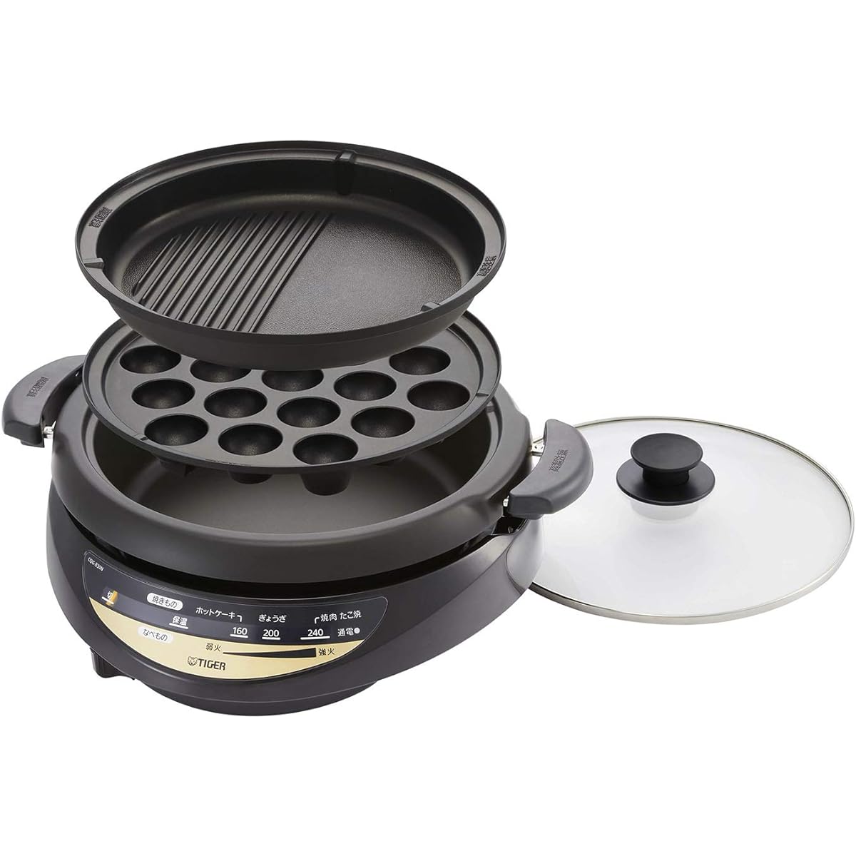 Tiger Thermos (TIGER) Grill Pot 3 Piece Type Far Red Clay Pot Coating Deep Pot Takoyaki Plate 3.7L Brown CQG-B30N-T