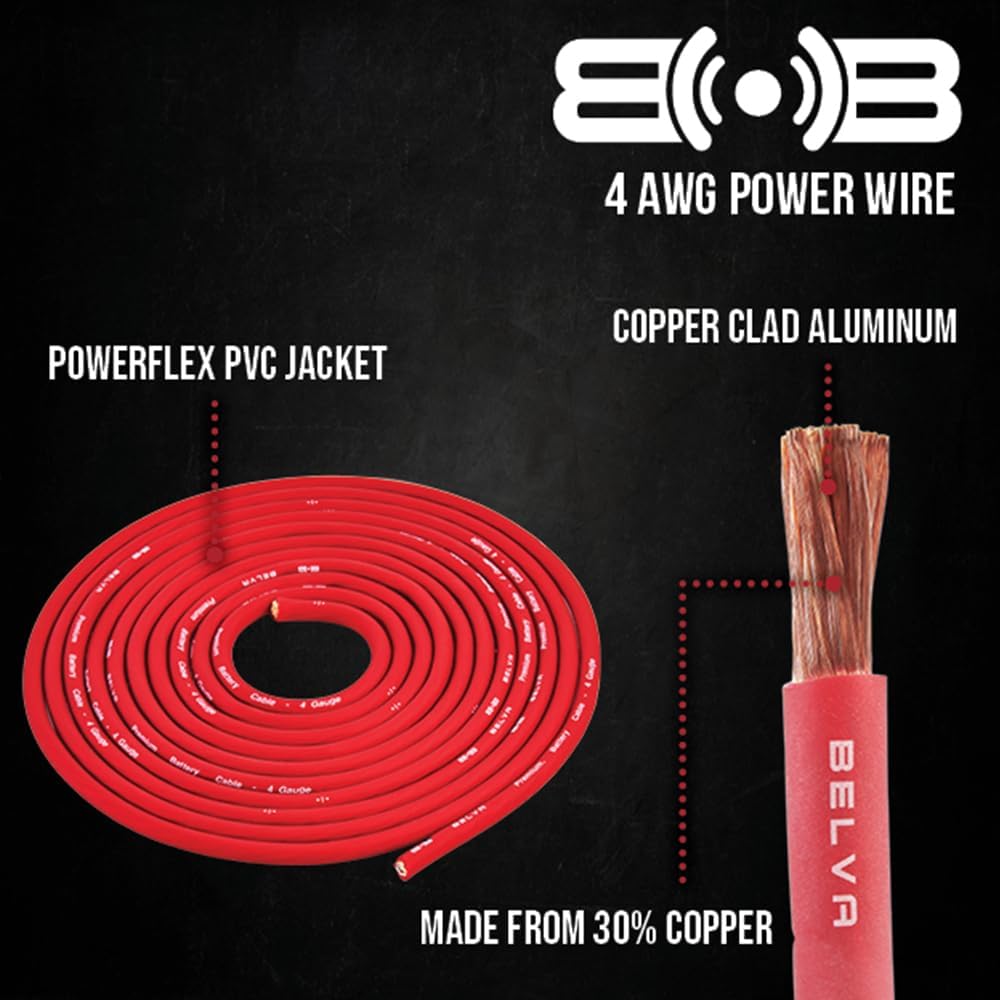 BELVA BAK44 4 Gauge Premium (CCA) Copper Clam Complete 4 Channel Amplifier Kit RCA Up to 1200 watts for amplifier -red