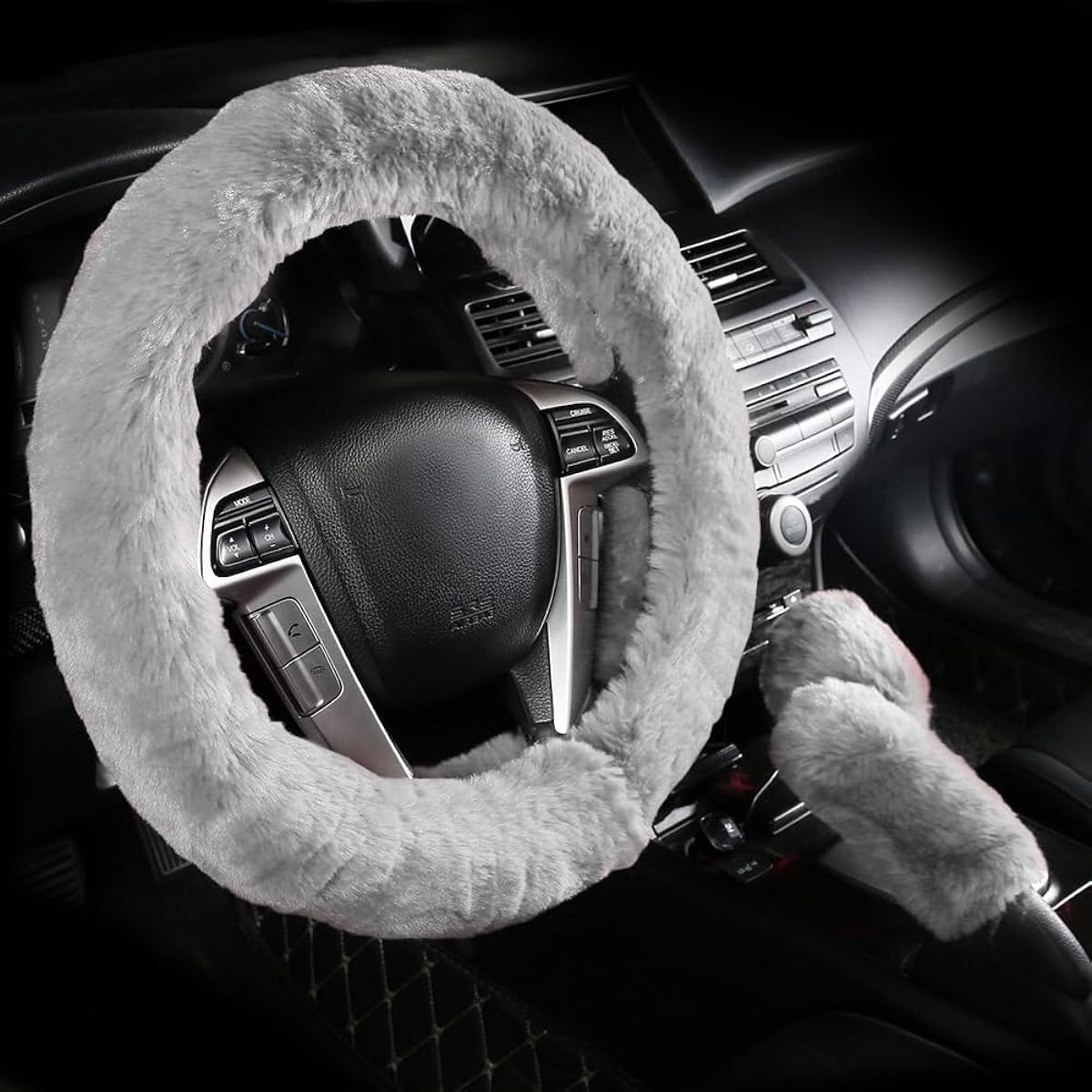 Fluffy handle cover Cute 3 -point 3 -point hand brake cover & gear shift cover with soft plash steering wheel cover ladies girls (silver gray)