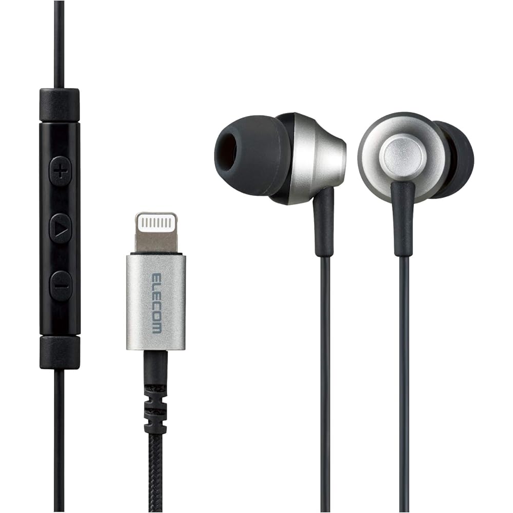 ELECOM Stereo Earphones Canal Type Lightning Microphone Fast Music LFS12C φ10.0mm Heavy Duty Cable Silver EHP-LFS12CMSV 1.2m