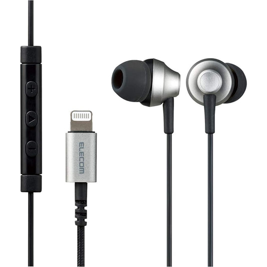 ELECOM Stereo Earphones Canal Type Lightning Microphone Fast Music LFS12C φ10.0mm Heavy Duty Cable Silver EHP-LFS12CMSV 1.2m