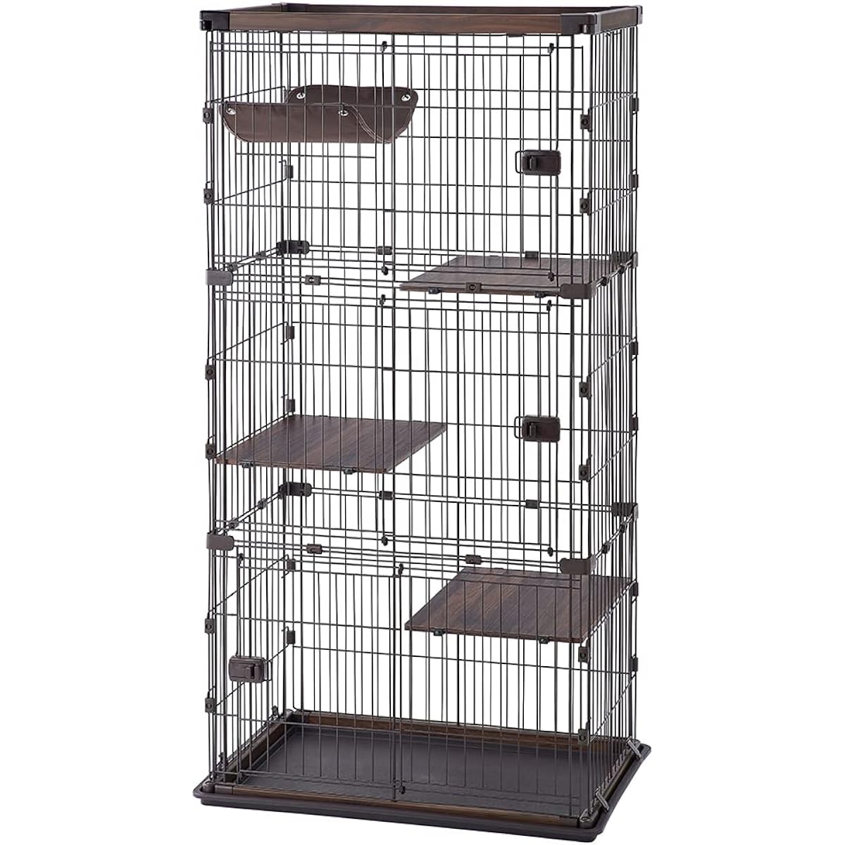 Iris Ohyama Cat Cage Woody 3 Tiers Height 115 x Width 69 x Depth 54.5cm Walnut PWCR-963V