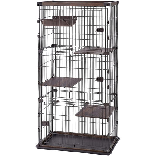 Iris Ohyama Cat Cage Woody 3 Tiers Height 115 x Width 69 x Depth 54.5cm Walnut PWCR-963V