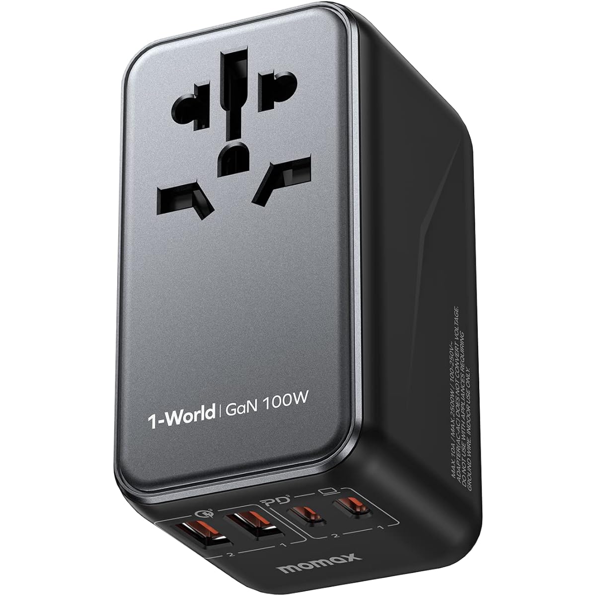 MOMAX Conversion Plug, 100 W, PD GaN, Fast Charging, Worldwide Compatible, Power Conversion Plug for International Travel, 4 Devices Simultaneously Charging, 2 x PD, USB-C + 2 x QC, USB-A, Overseas