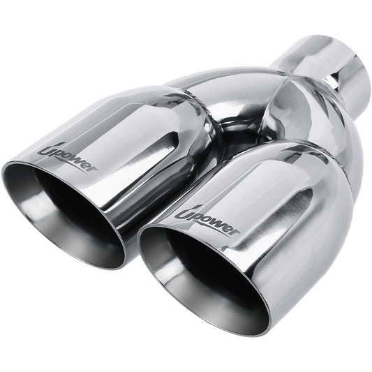 UPOWER 2.5 inches to 3.5 inch dual exhaust tip 2 1/2 inch inlet 3 1/2 inch outlet 9.5 inch glossy stainless steel exhaust tip tip thickness 1.2mm double wall tilt edge car truck