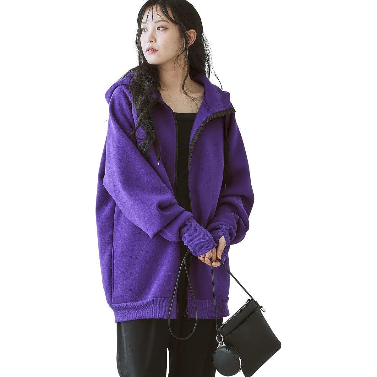 [Nissen] Parka, brushed lining, long sleeves, long length, zip-up, stand-up collar, with finger holes, loose fit, one size, women's, autumn