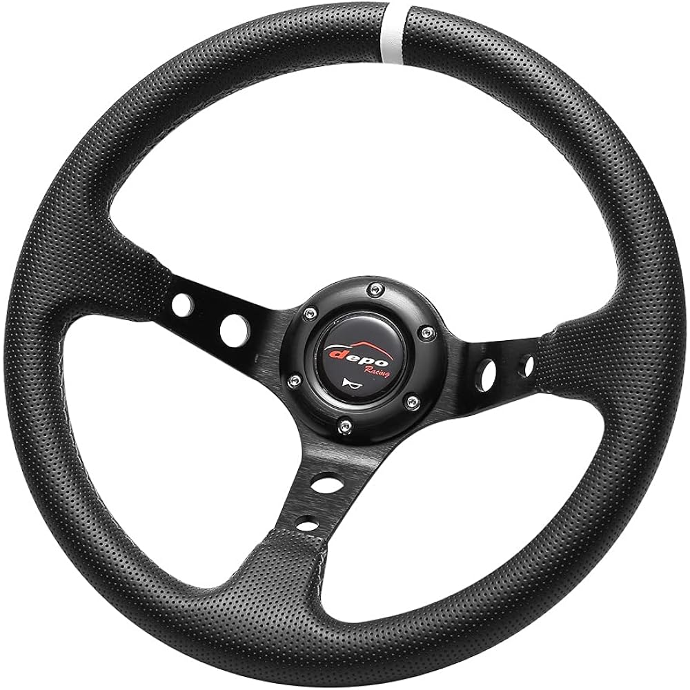 DEPORACING Steering 32φ Deep Cone 70mm Punched PVC White Cross Stitch White Top (D32PW)