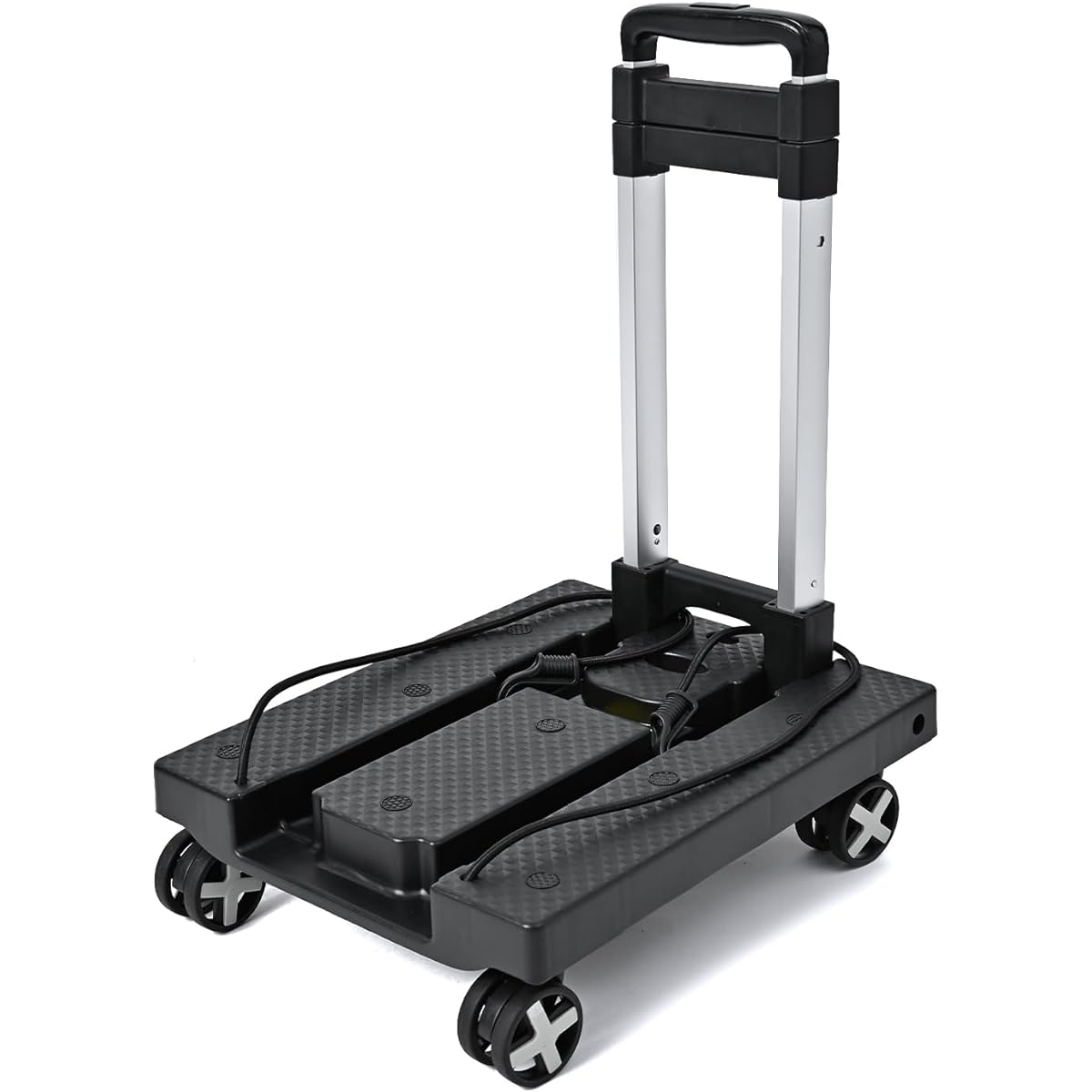 Rikopin Carry Cart, Foldable, Lightweight Dolly, 4 Wheels, Small, Compact, Outdoor, Quiet, 3 Level Height Adjustment, Fixed Rope Included, Load Capacity 50kg, For Home Use [4 Wheel Type - Black]