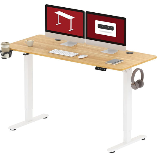 SANODESK Elevating Desk QS1 Computer Desk Standing Desk Manufacturer's 3 Year Warranty Electric Stepless Height Adjustment Memory Function Ergonomic Set with Top Board Easy to Assemble (140 x 60 cm, Legs (White) + Top Board (Maple))