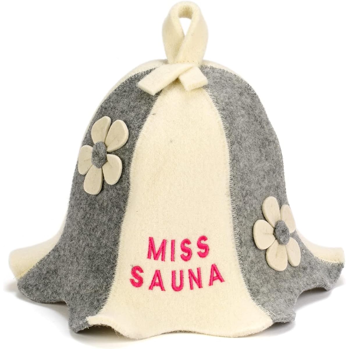 Natural Sauna Hat "Miss Sauna Grey/White" White/Gray 100% organic wool material makes you feel like you're in a Russian sauna - Protects your head from the heat - English about saunas Comes with an e-book guide – with embroidery