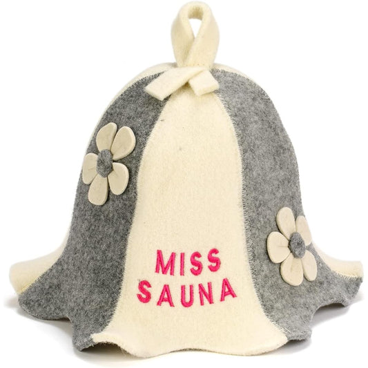 Natural Sauna Hat "Miss Sauna Grey/White" White/Gray 100% organic wool material makes you feel like you're in a Russian sauna - Protects your head from the heat - English about saunas Comes with an e-book guide – with embroidery