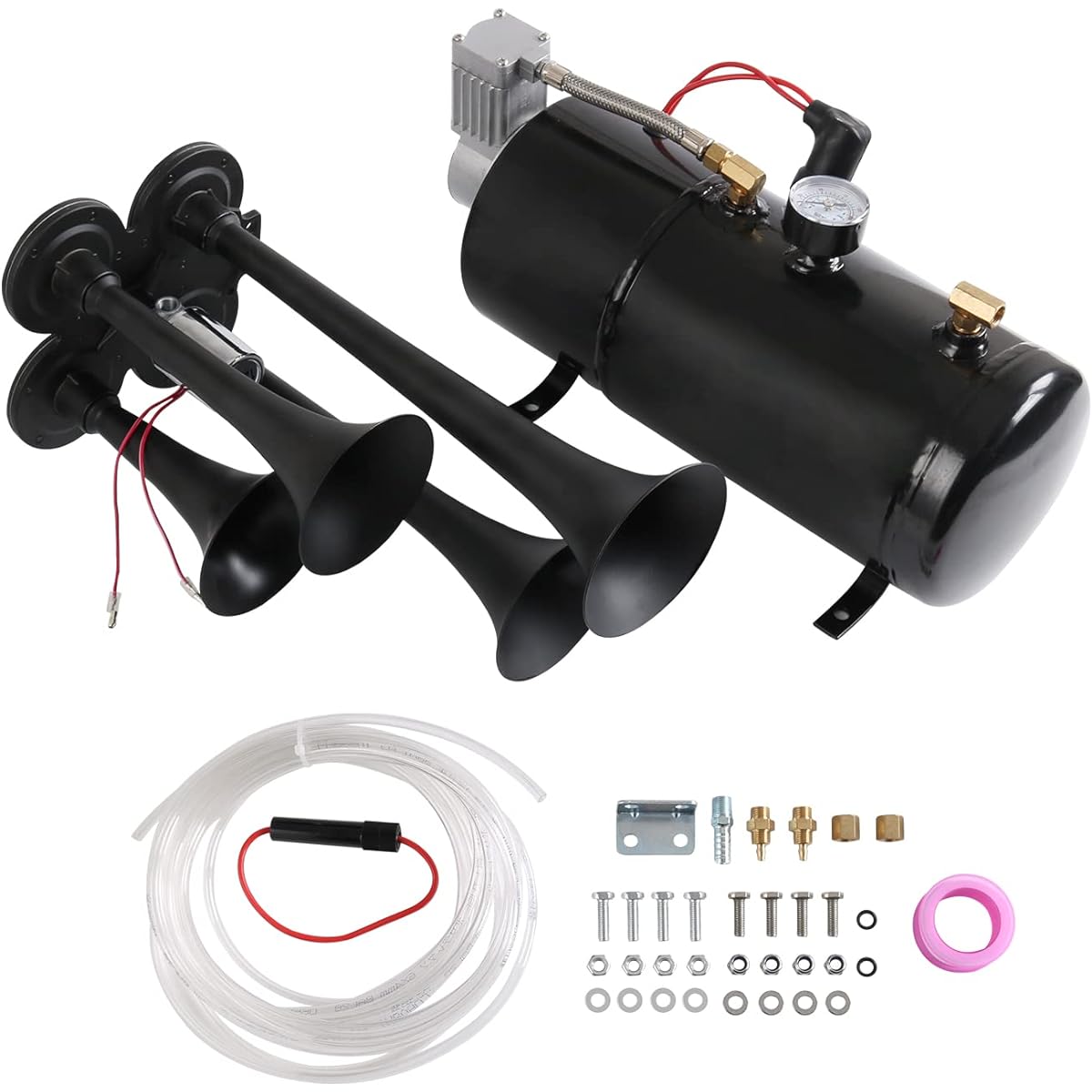 LDMINDA 150DB 4 Trumpet Train Horn Kit 150PSI 12V Air Compressor Air Horn Compressor Tank Vehicle Track or SUV