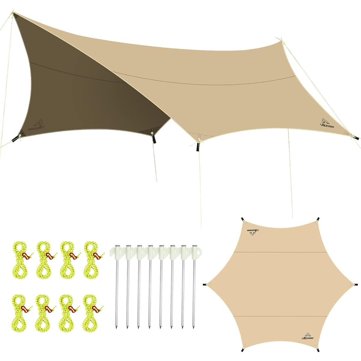 AKASOOM Hexa Tarp TC Polycotton 4.2mx4.1m Bonfire Allowed 500mm Water Pressure Resistant Camping Tarp Flame Retardant/Mold Resistant/Water Repellent/Heat Insulating Sunshade Outdoor Sunshade Fireplace Storage Bag Included Japanese Instruction Manual (Kha