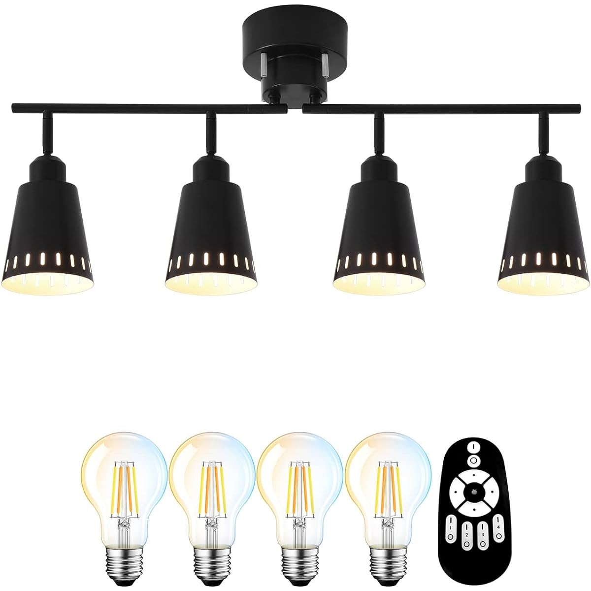 ANWIO Ceiling Light, 4 Lights, Spotlight, Scandinavian 6W (equivalent to 60W type), 806LM, Free Angle Adjustment, Remote Control Operation, Stepless Dimming and Color Adjustment, Foldable, Living Room Ceiling Light, Lighting Fixture, Scandinavian Black (