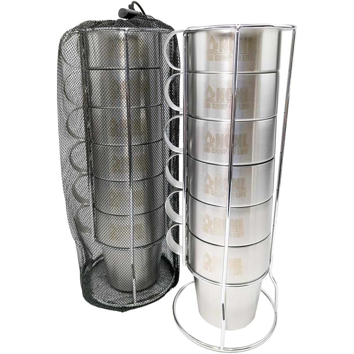 NCNL (NO CAMP NO LIFE) Mug Stainless Steel Set, Simple, Compact, Lightweight, Stacking Mug, Double Structure, Double Wall, Thermal Cup, Solo Camping, Outdoor Equipment, Camping Equipment, Stand, Mesh Bag Included (Set of 6)