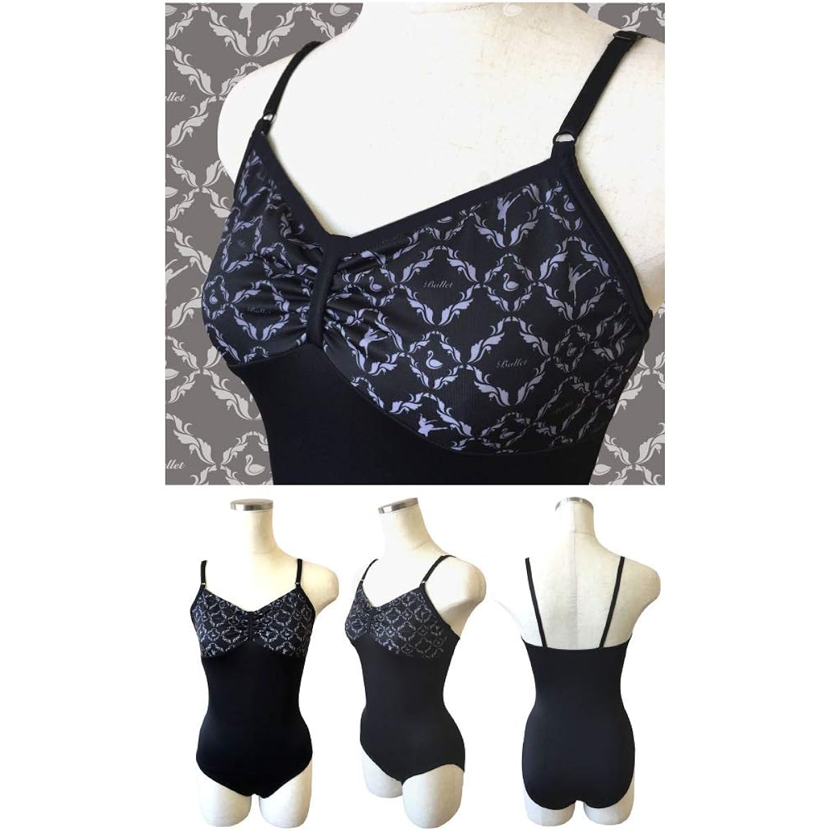 Ballet Leotard for Children to Adults [Swan Pattern Print on Chest/Ribbon Passe/Swan Series] Absorbent, Quick Drying, UV Protection, Kids, Juniors, Adults, Made in Japan, 3 Year Warranty, Rhythmic Gymnastics, Black, White, Ballet Supplies, Chest Pattern